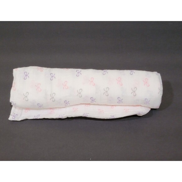 Aden & Anais Baby Blanket White Pink Purple and Gray Bows Muslin Cotton 2013 NEW - Picture 1 of 5